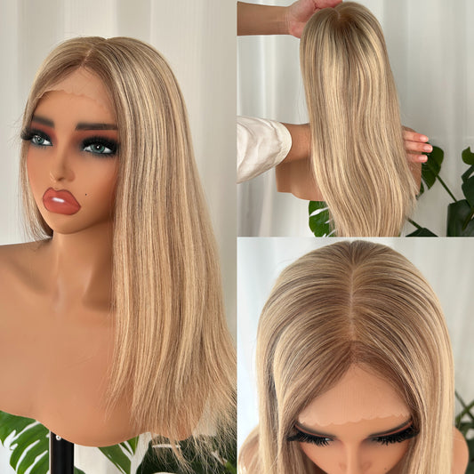 Medical Wig – Silk Top Full Hand-Tied Human Hair – Rooted Champagne Beige Blonde - Hormel Wigs